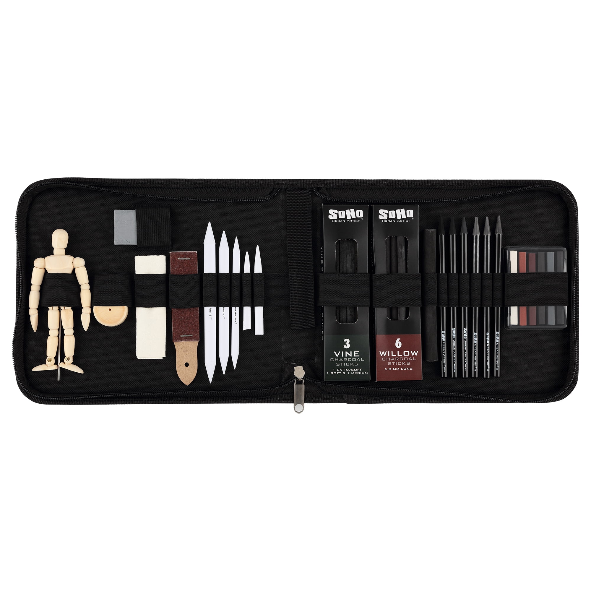 SoHo Urban Artist Charcoal Drawing Set With Manikin in Zipper Case - Drawing Charcoal for Artists, Students, Blending, Live Figure Drawing, & More! - [Black - Drawing Set + Zipper Case]