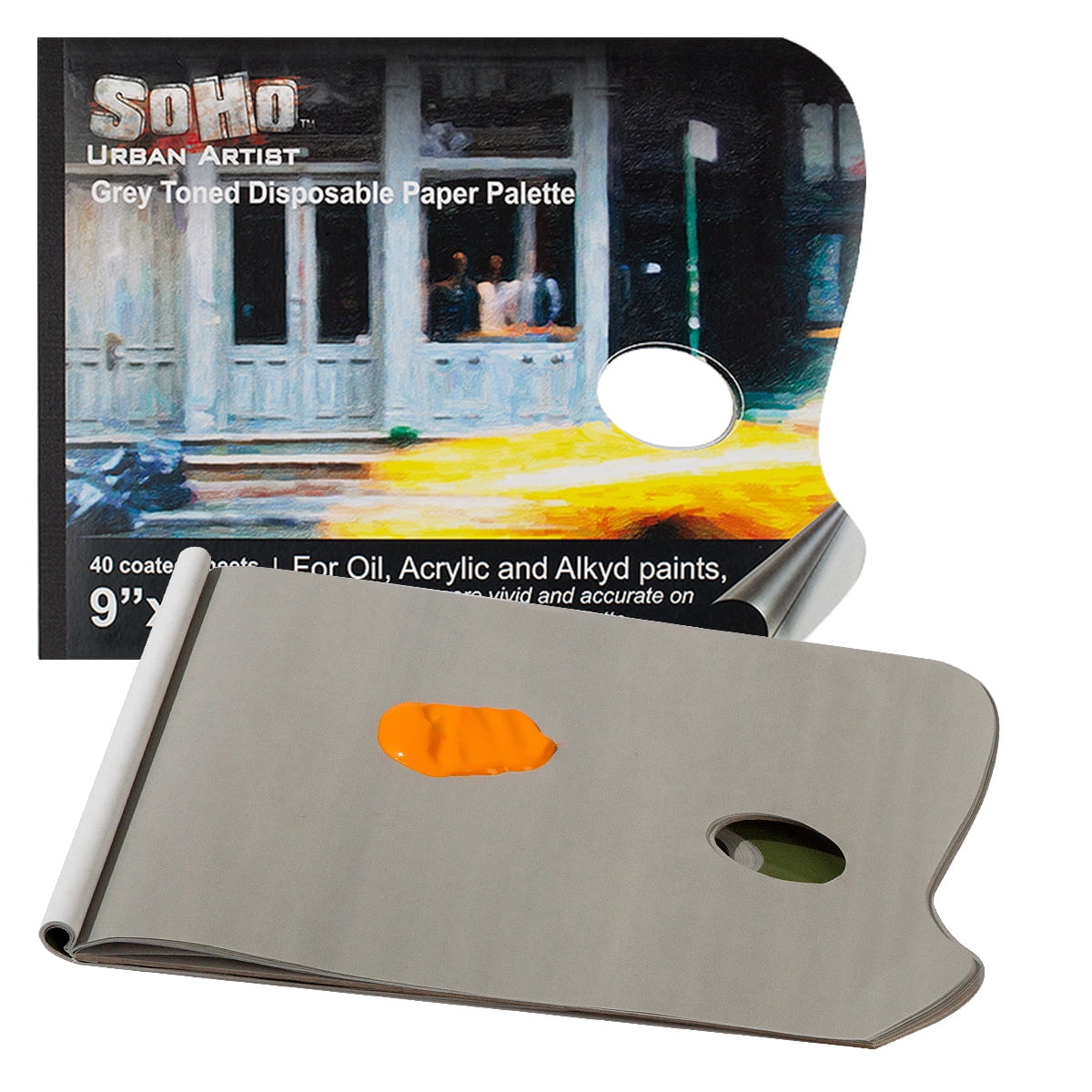 SoHo Urban Artist Disposable Paper Palettes - Grey-Toned 40-Sheet Paper Palette for Plein Air, Painting, Traveling, & More! - [Thumb Hole - 9x12"]