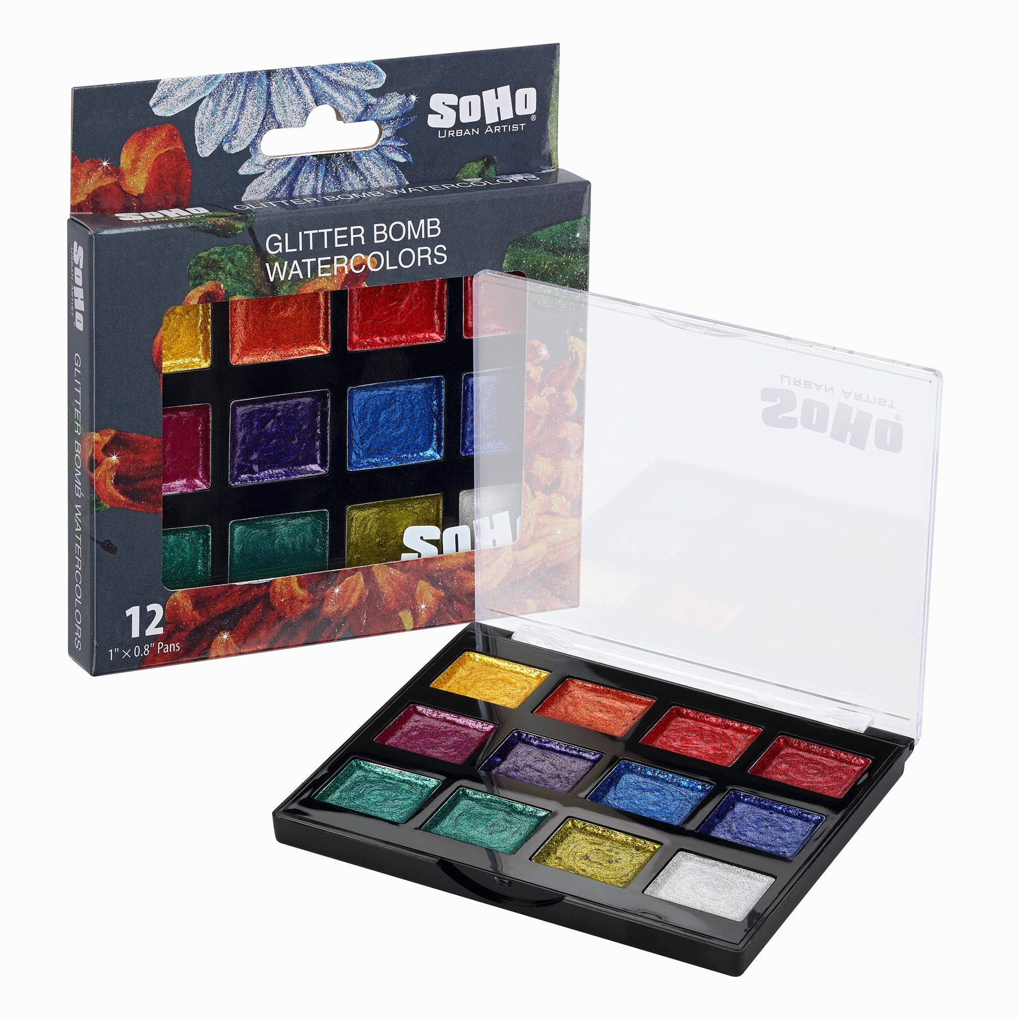 SoHo Urban Artist Glitter Bomb Watercolor Paints - 12 Glitter Watercolor Paint Colors, Semi-Moist, Ultra-Sparkly for Shimmering Mixed-Media Art & Journaling