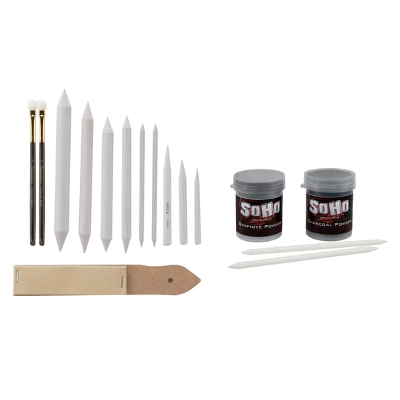 SoHo Urban Artist Graphite And Charcoal Drawing Powders with Complete Blending Set - 15g Powder Jars with Sponge Blenders, Blending Stumps, & Sandpaper Pad