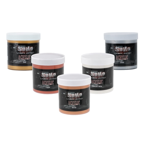 SoHo Urban Artist Heavy Body Acrylic Paint - Set of 5 - 500mL - Metallic - Thick, Rich Color, Excellent Coverage, Professional Quality - Artists Acrylic Paint