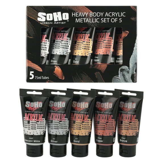 SoHo Urban Artist Heavy Body Acrylic Paint - Set of 5 - 75mL - Metallic - Thick, Rich Color, Excellent Coverage, Professional Quality - Artists Acrylic Paint