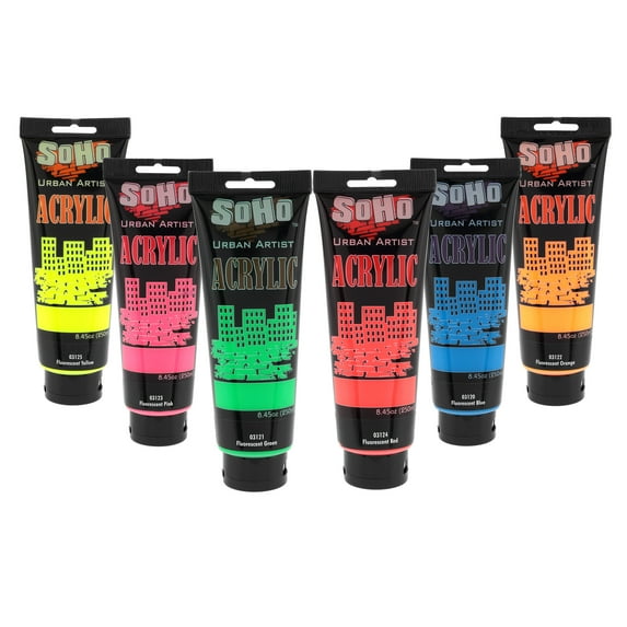 SoHo Urban Artist Heavy Body Acrylic Paint - Set of 6 - 250mL - Fluorescent - Thick, Rich Color, Excellent Coverage, Professional Quality - Artists Acrylic Paint