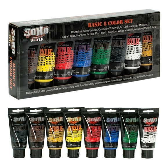 SoHo Urban Artist Heavy Body Acrylic Paint - Set of 8 - 75mL - Assorted - Thick, Rich Color, Excellent Coverage, Professional Quality - Artists Acrylic Paint