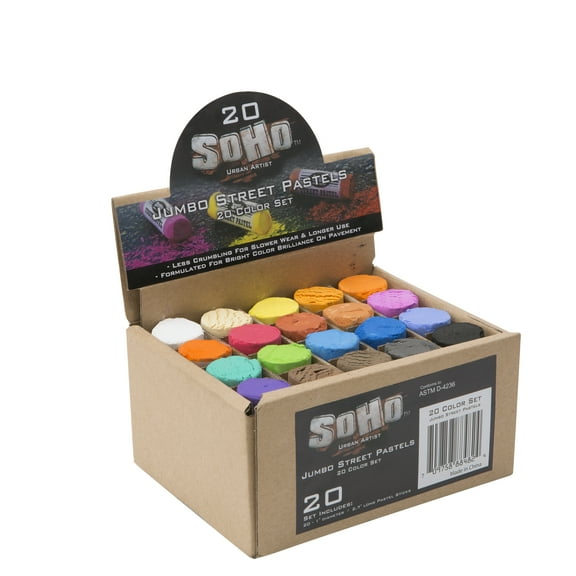 SoHo Urban Artist Professional Pastels - Jumbo Street Pastel Set of 20 Colors, 1" Diameter, 2.7" Length, Non-Toxic, Brilliant Pigments, Ideal for Pavement, Less Crumbling than Sidewalk Chalk