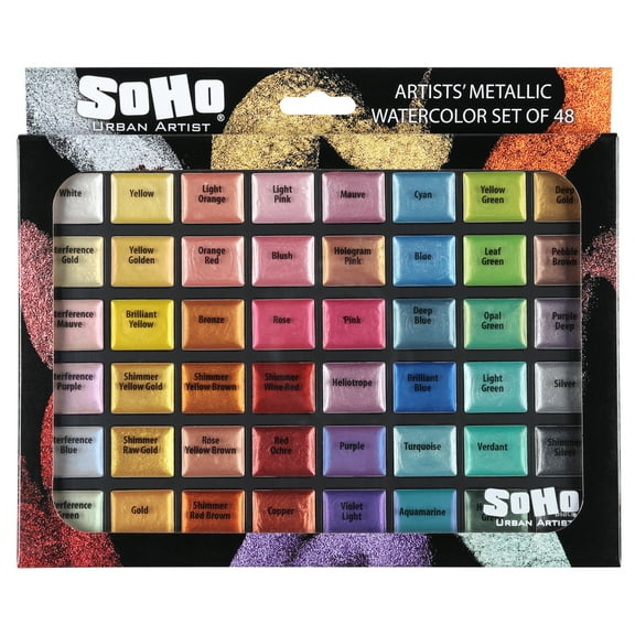 SoHo Urban Artist Metallic Watercolors Set – 48 Vibrant Metallic Half Pans in Travel Case – Professional Shimmer Watercolor Paint Set for Artists, Crafters & Mixed Media
