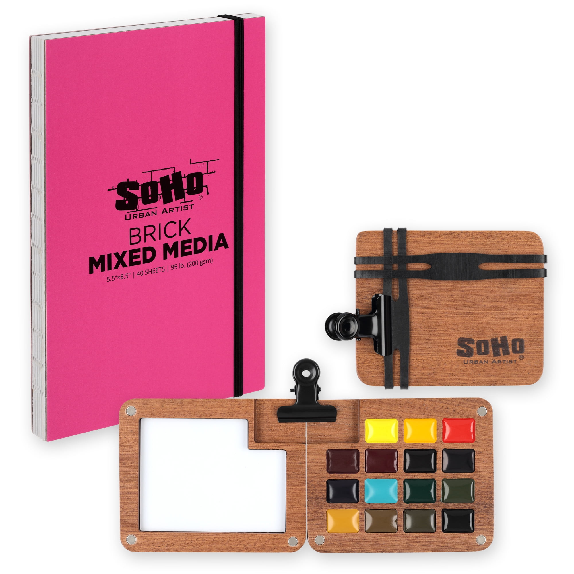 SoHo Urban Artist Mini Wooden Travel Watercolor Set of 15 w/ Mixed Media Lay-Flat Sketchbook - Professional Watercolor Paint Set Semi-Moist Pans, Pocket-Sized Magnetic Wood Case with Mixing Area