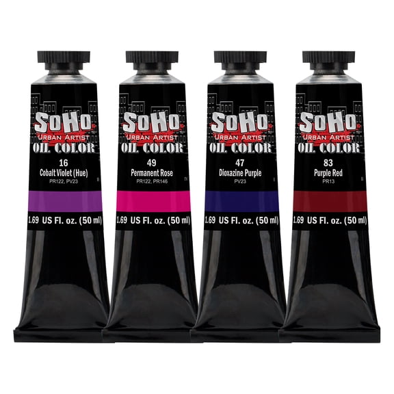 SoHo Urban Artist Oil Paint Purples Set of 4 - 50 mL Tubes, Triple-Milled Oils with Refined Linseed - Smooth Application, True Color Mixes, Ideal for Brushes & Palette Knives