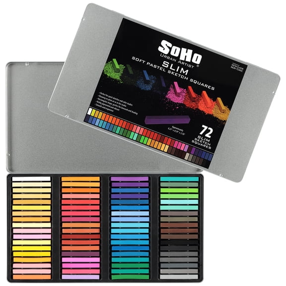 SoHo Urban Artist Set of 72 Soft Slim Pastel Sketch Squares - Richly Pigmented, Vibrant Color Soft Pastels for Artists Professional Pastel Artwork Studies and Sketching, Assorted Chalk Pastels