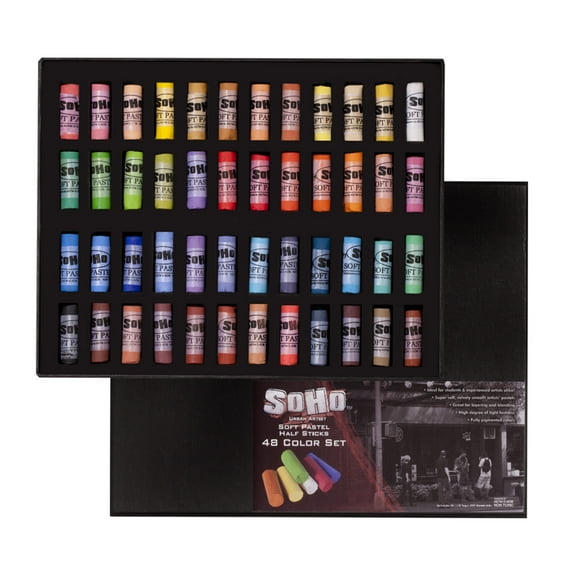 SoHo Urban Artist Soft Pastels Set of 48 Unique, Vibrant Colors - Half Stick 1.3" Long, Soft Pastels for Artists, Velvety Texture, Lightfast, Perfect for Layering & Blending