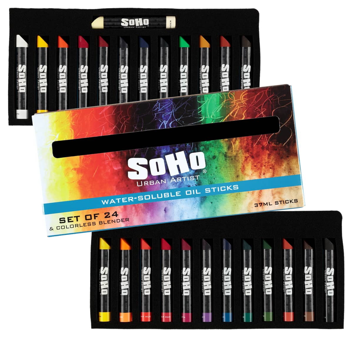 SoHo Urban Artist Water Soluble Oil Sticks for Artists – Set of 24 + Blender Oil Paint Stick - 37 ml - No Brushes or Solvents Needed, Paint Any Primed Surface, Water Clean-Up, Non-Toxic, 4.8 x 0.78