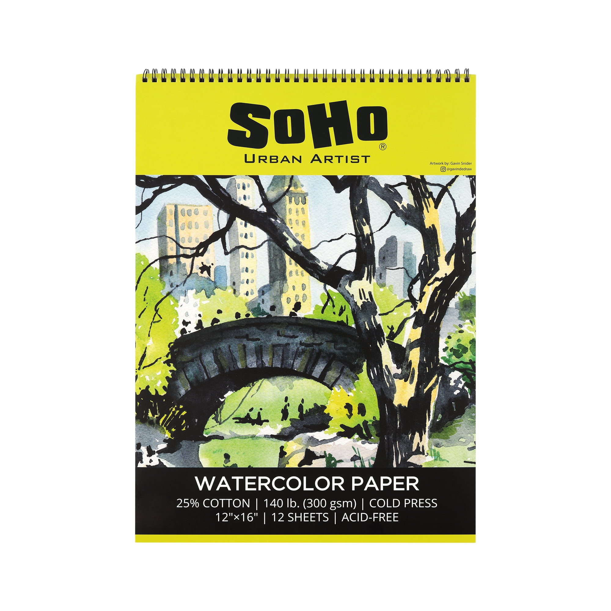 SoHo Urban Artist Watercolor Paper Spiral Pad 12x16" - 140lb Cold Press Acid-Free, ECF, 12 Pages, Multimedia Paper