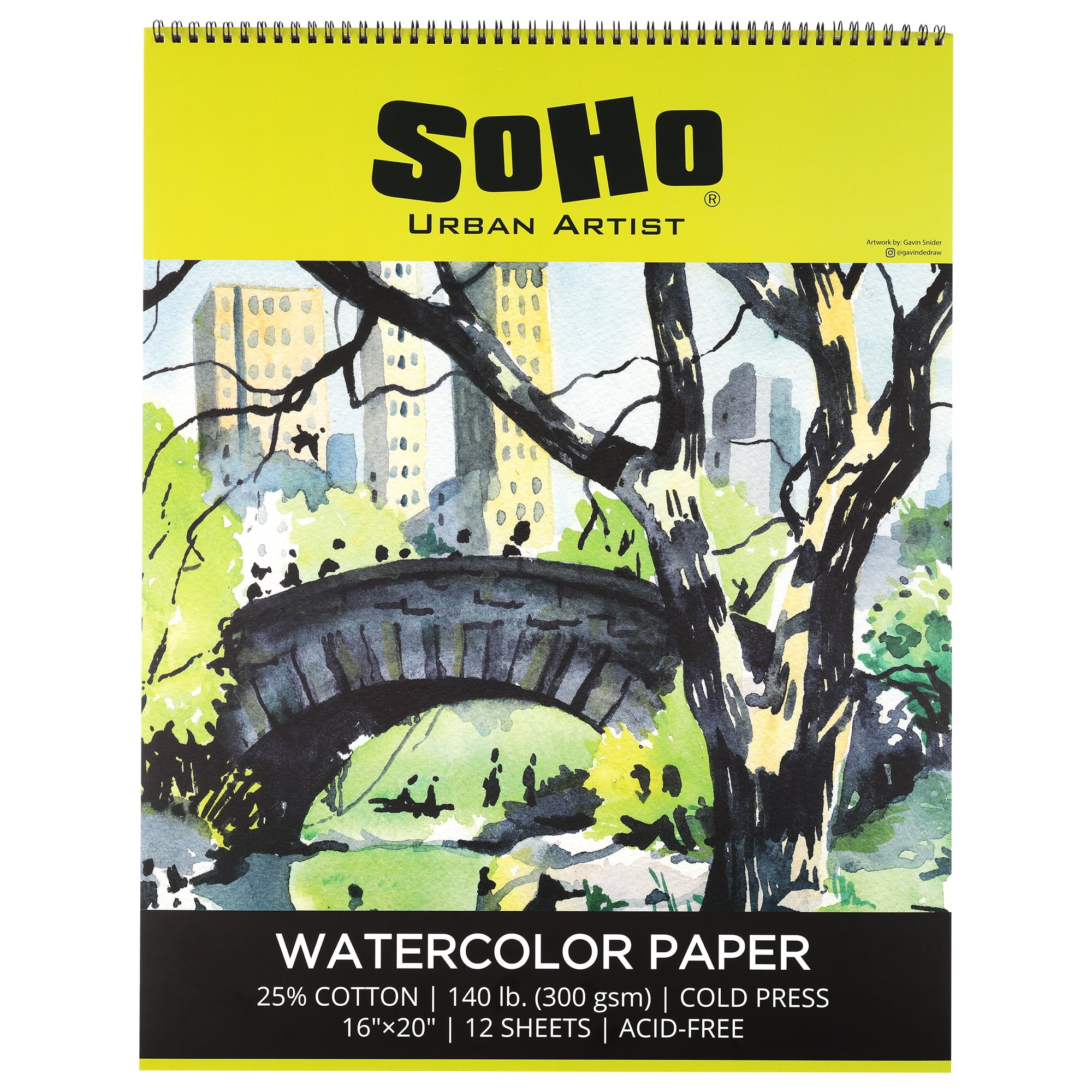 SoHo Urban Artist Watercolor Paper Spiral Pad 16x20" - 140lb Cold Press Acid-Free, ECF, 12 Pages, Multimedia Paper