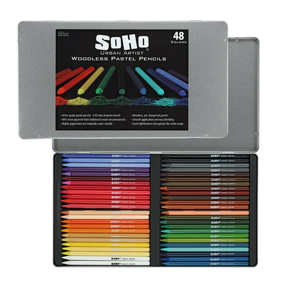 SoHo Urban Artist Woodless Pastel Pencils - Set of 48, Professional Artist-Grade, 40% More Pastel, Water-Soluble, Pre-Sharpened, Easy Blending, 6.93mm Barrel, Clear Lacquered