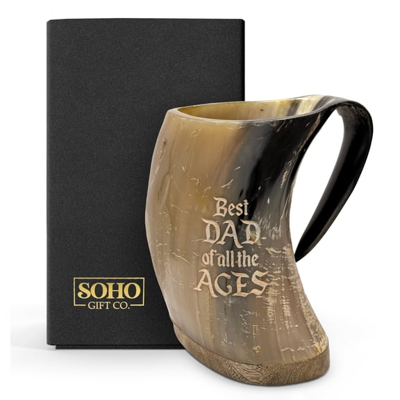 SoHo Viking Horn Mug, Authentic Ox 16oz Drinking Cup for Ale/Beer - Gift for Dad Best Dad of All the Ages (Gift Boxed)
