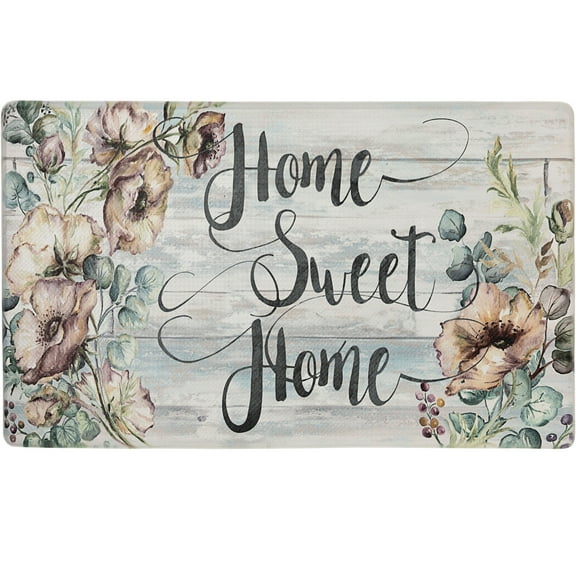 SoHome Cozy Living Home Sweet Home Floral Anti-Fatigue Kitchen Mat, 20"x36", Grey/Blue