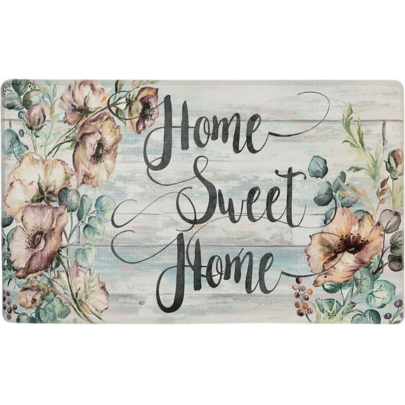 SoHome Cozy Living Home Sweet Home Floral Anti-Fatigue Kitchen Mat, Grey/Blue, 17.5"x30"