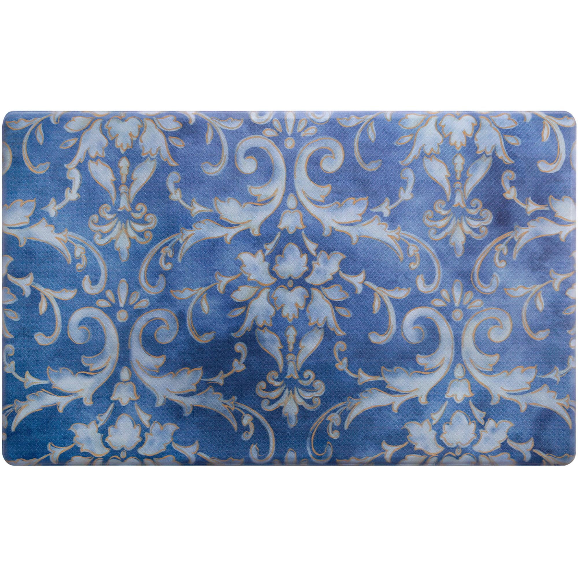 Blue and Gold Damask Anti-Fatigue Kitchen Mat