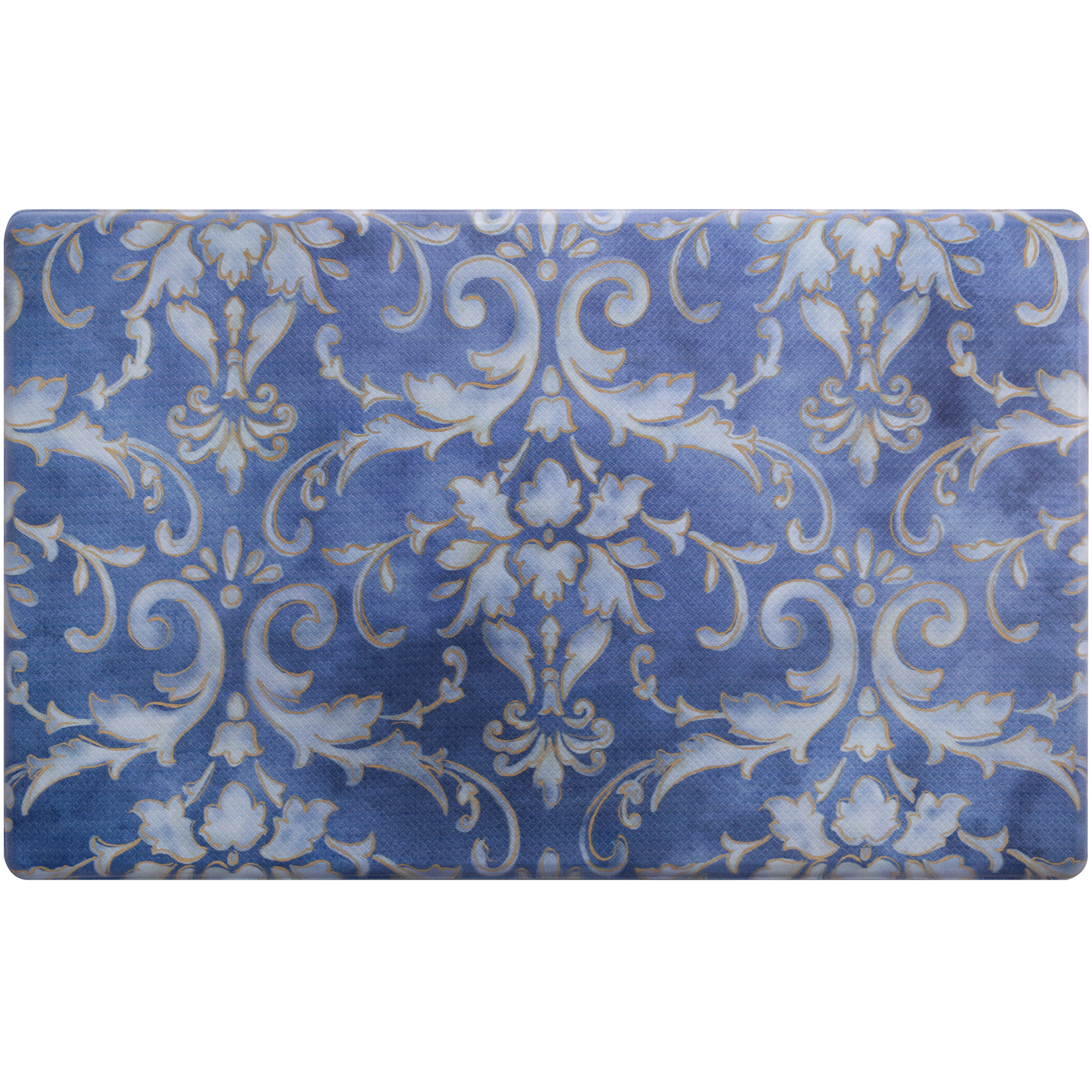 Blue and Gold Watercolor Damask Anti-Fatigue Kitchen Mat, 20" x 36"