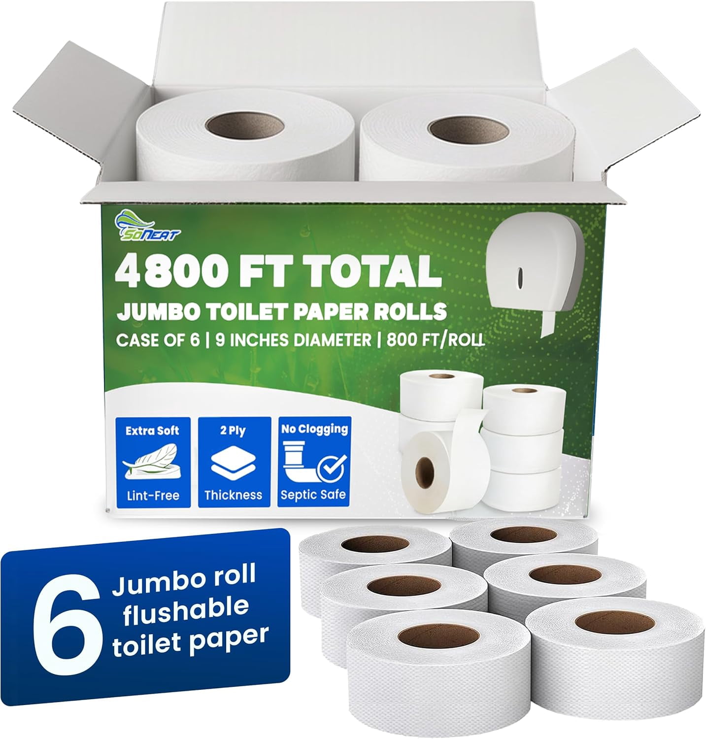 SoNeat 2-Ply Jumbo Toilet Paper Rolls, 9” Commercial Bathroom Tissue Paper, 1000 Ft. Long, Compatible with Standard Jumbo Toilet Dispenser Commercial Toilet Paper Rolls, 6 Rolls Bath Tissue Paper