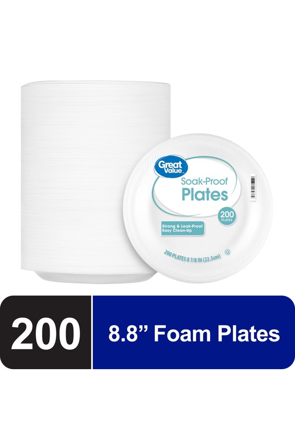 Soak-Proof Disposable Round Foam Plates, 8.8 in, 200 Count
