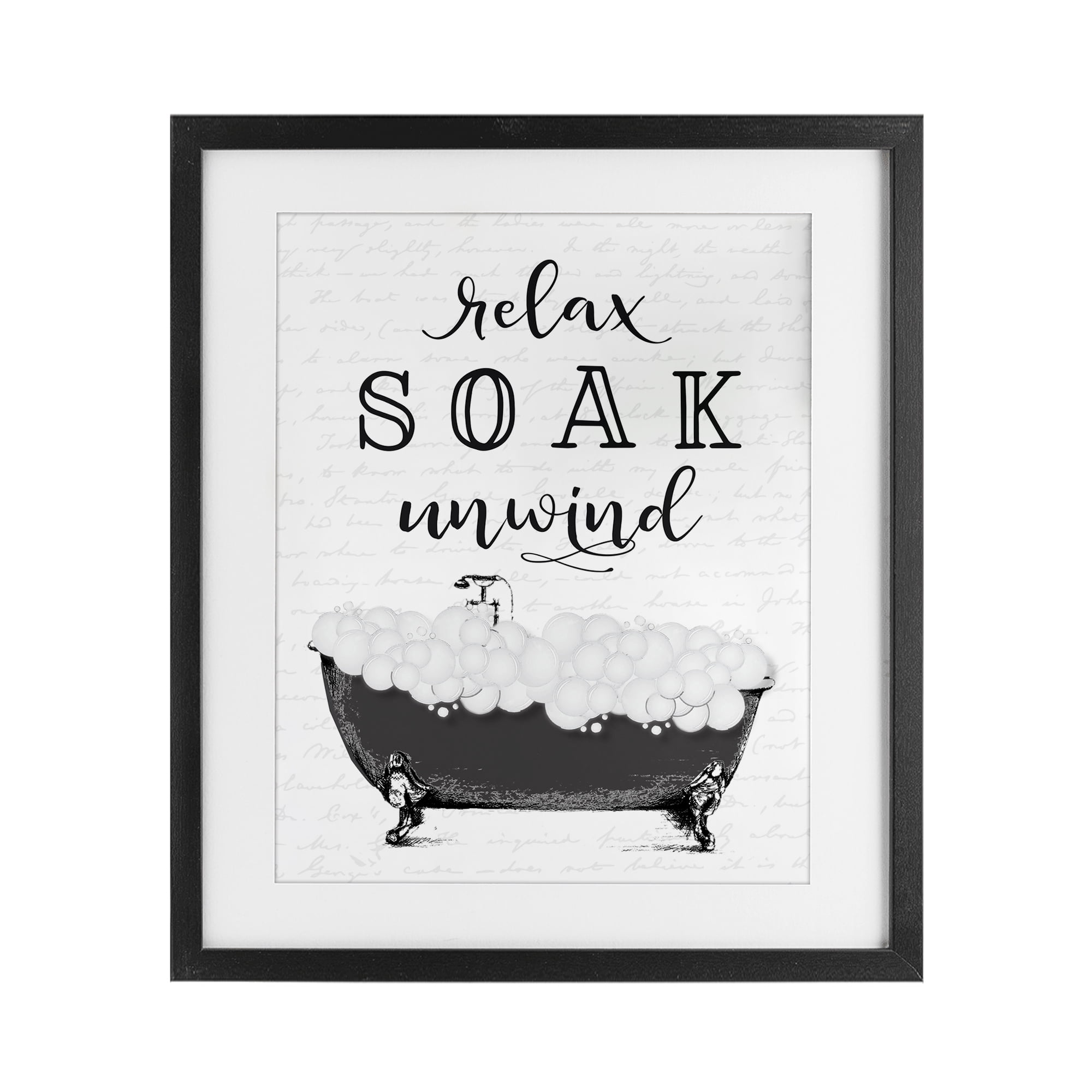 Soak Unwind Bubble Bath Black Framed Print Under Glass, design by Lettered and Lined