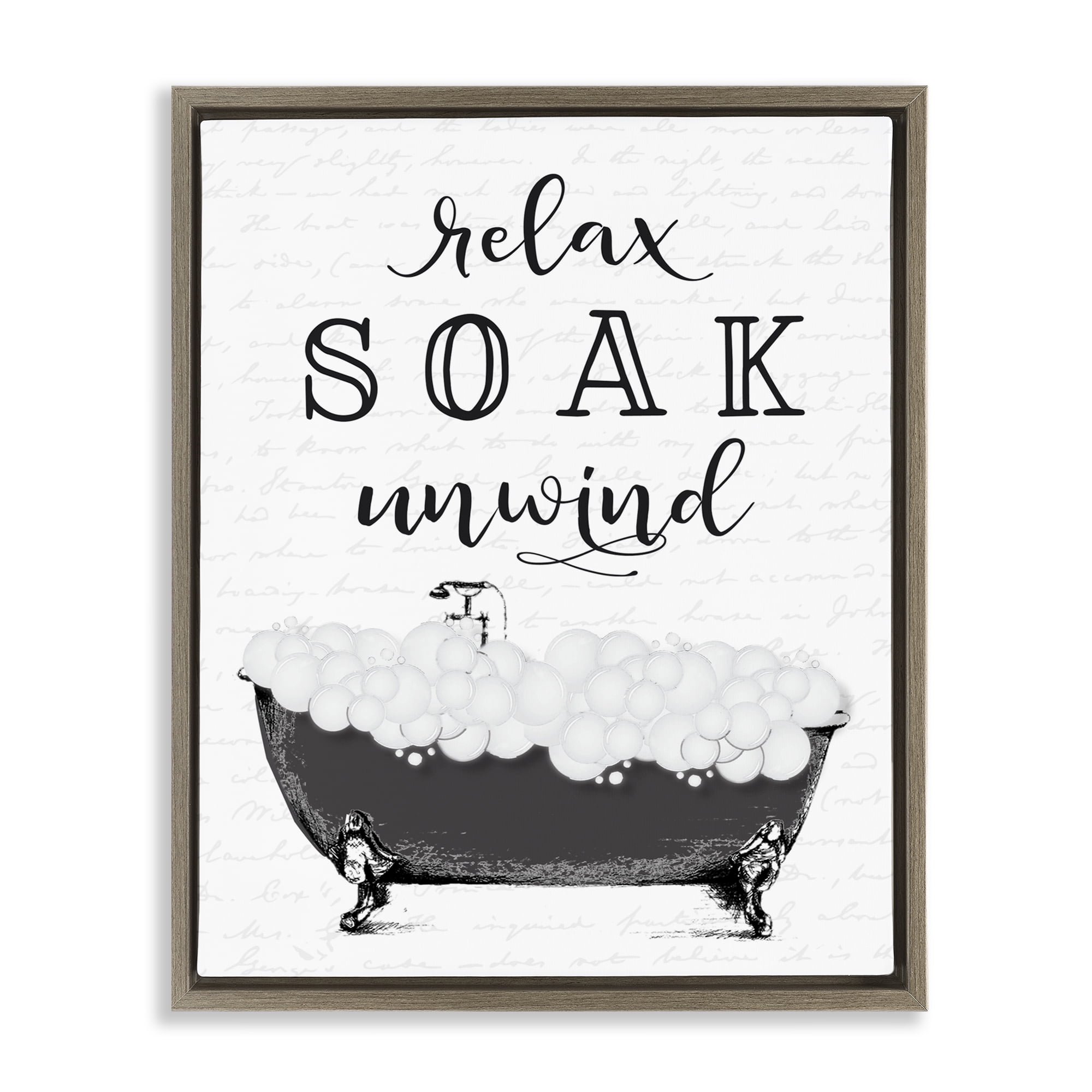 Soak Unwind Bubble Bath Brown Framed Floater Canvas Wall Art, design by Lettered and Lined