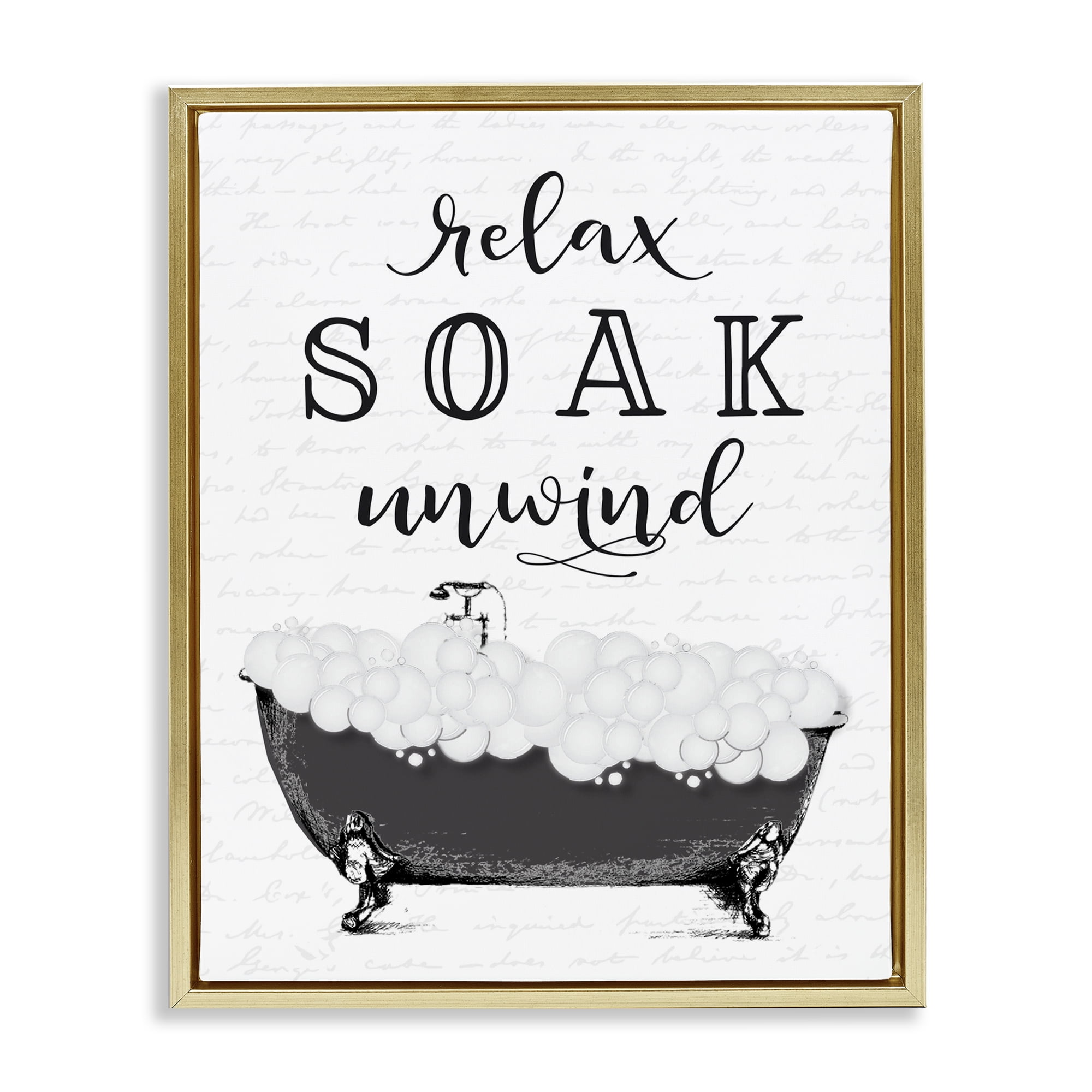 Soak Unwind Bubble Bath Gold Framed Floater Canvas Wall Art, design by Lettered and Lined