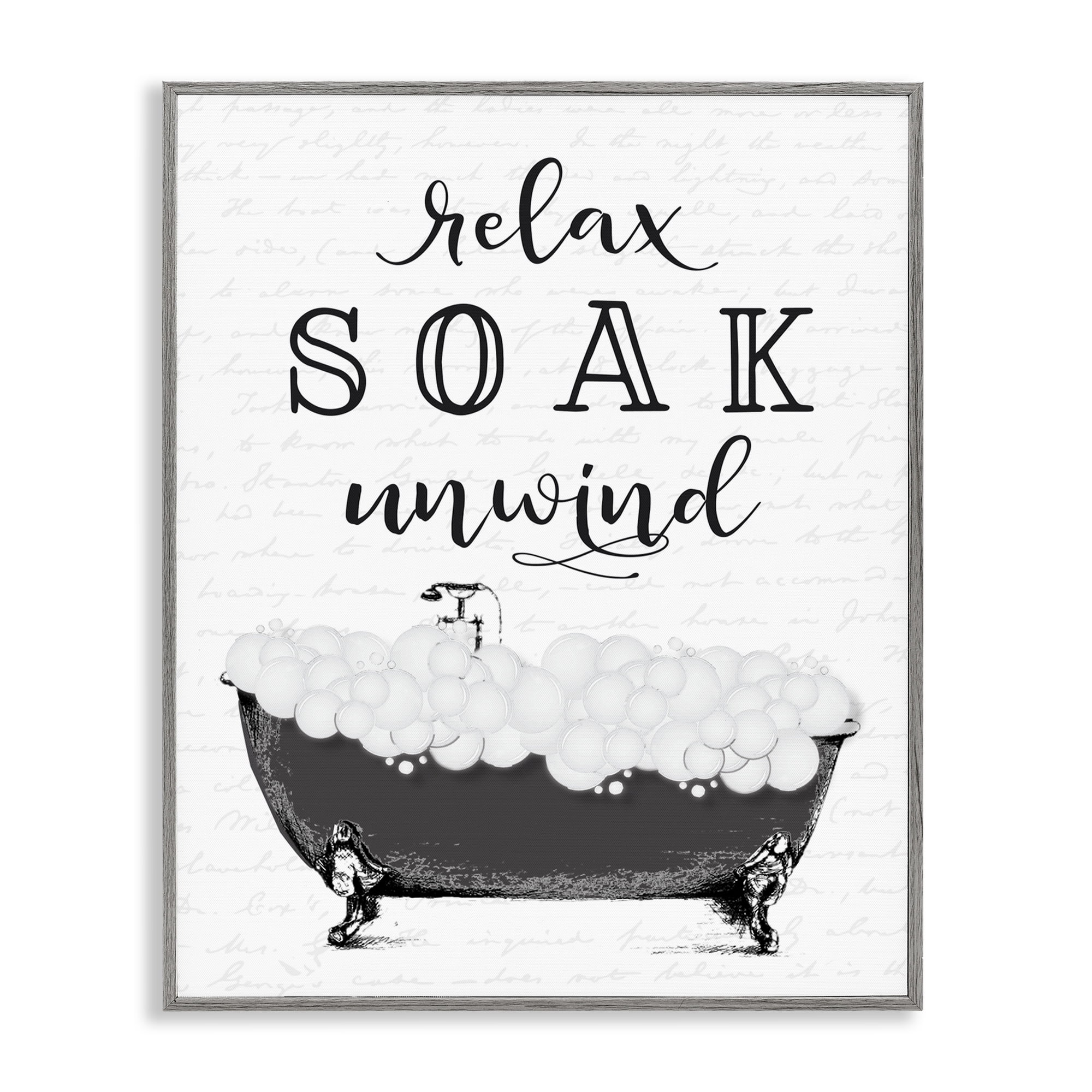 Soak Unwind Bubble Bath Gray Framed Giclee Art, design by Lettered and Lined