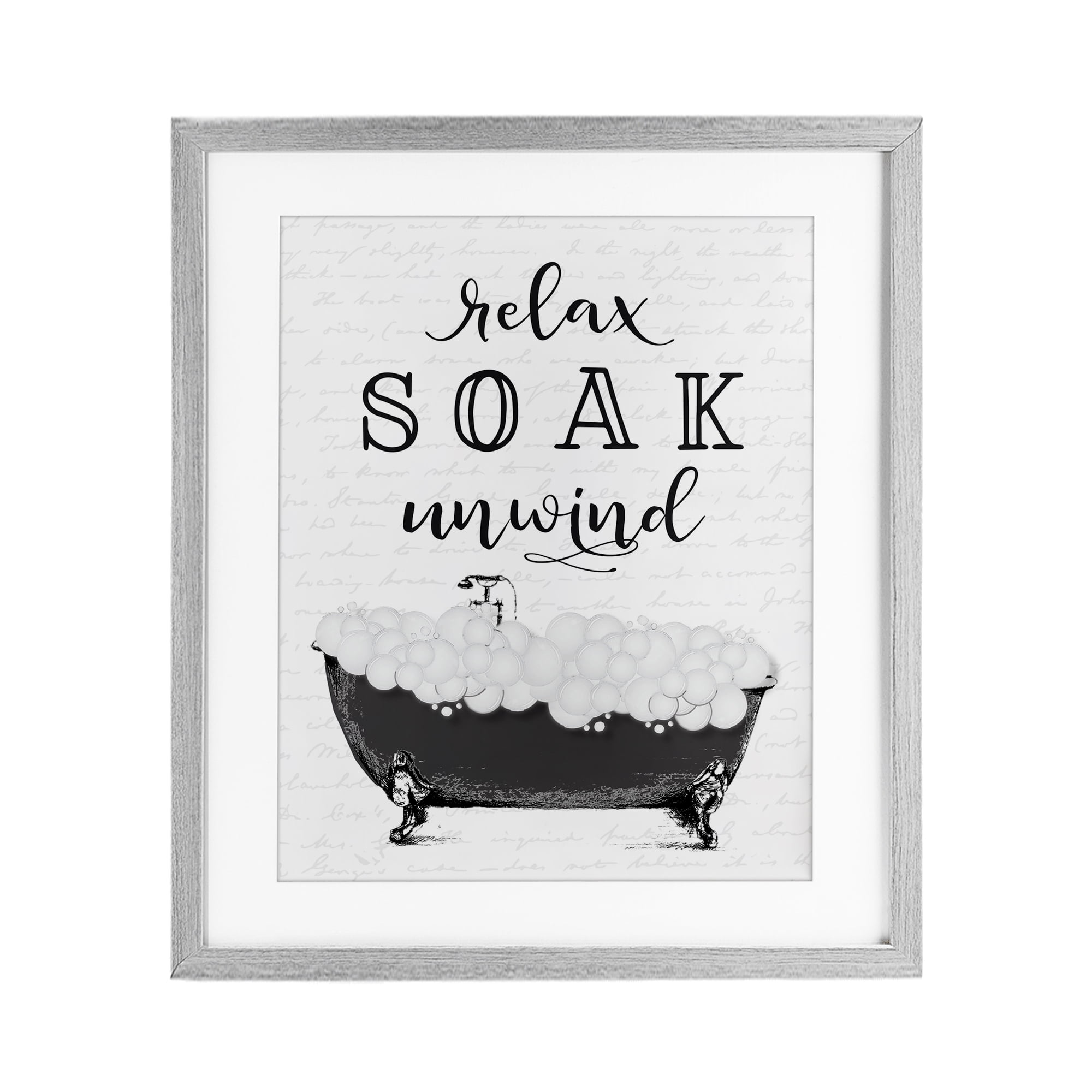 Soak Unwind Bubble Bath Gray Framed Print Under Glass, design by Lettered and Lined