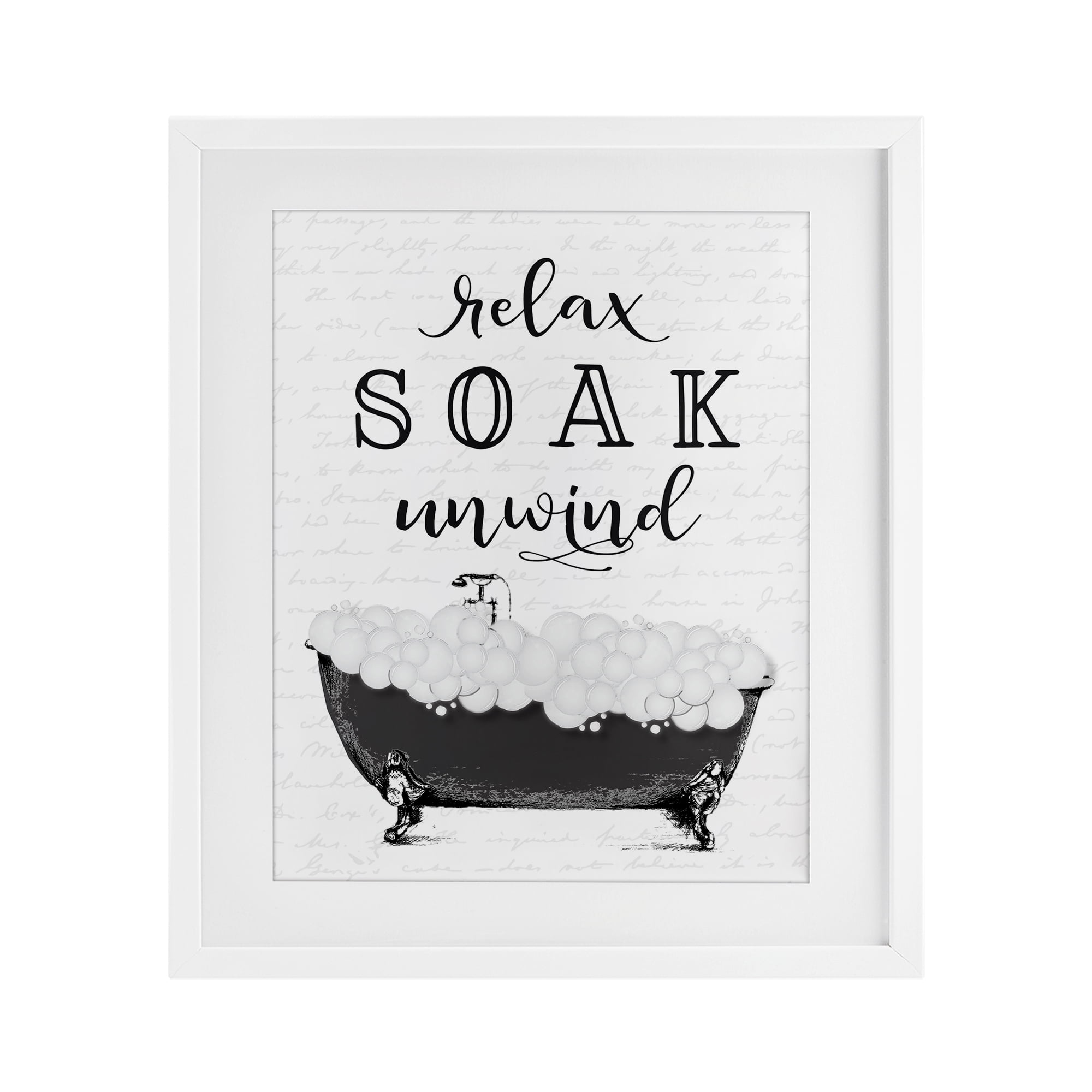 Soak Unwind Bubble Bath White Framed Print Under Glass, design by Lettered and Lined