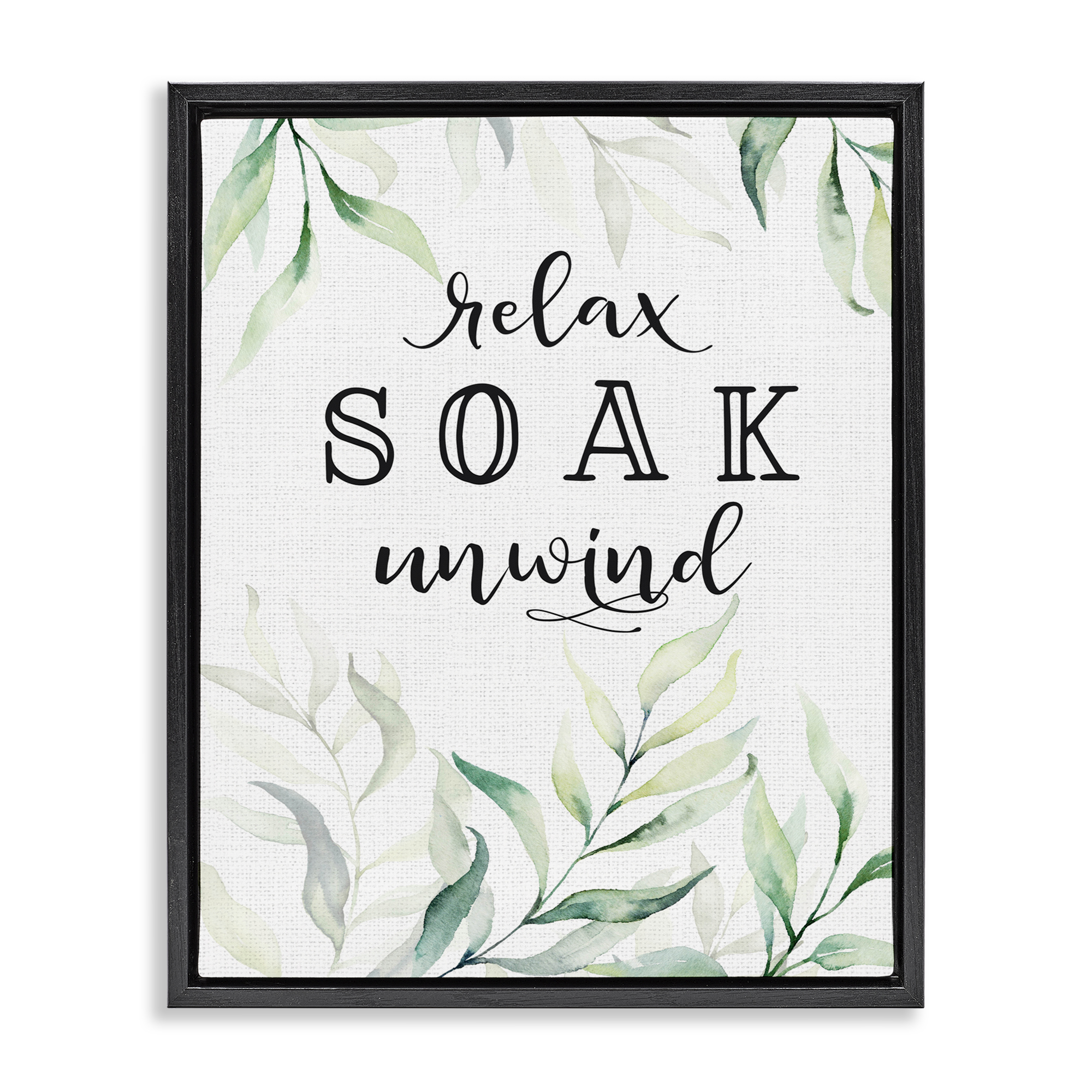 Soak & Unwind with Leaves Black Framed Floater Canvas Wall Art, design by Lettered and Lined