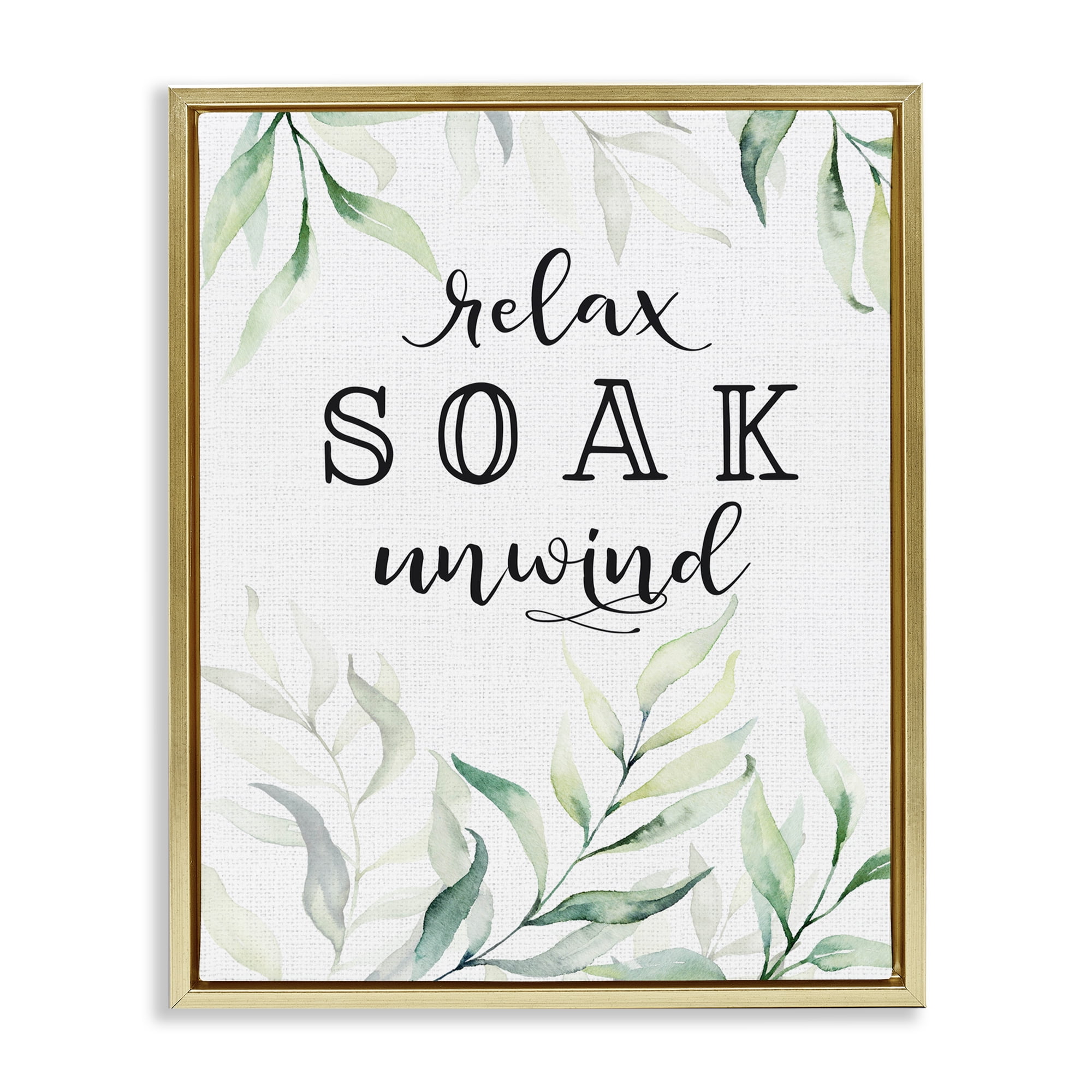Soak & Unwind with Leaves Gold Framed Floater Canvas Wall Art, design by Lettered and Lined