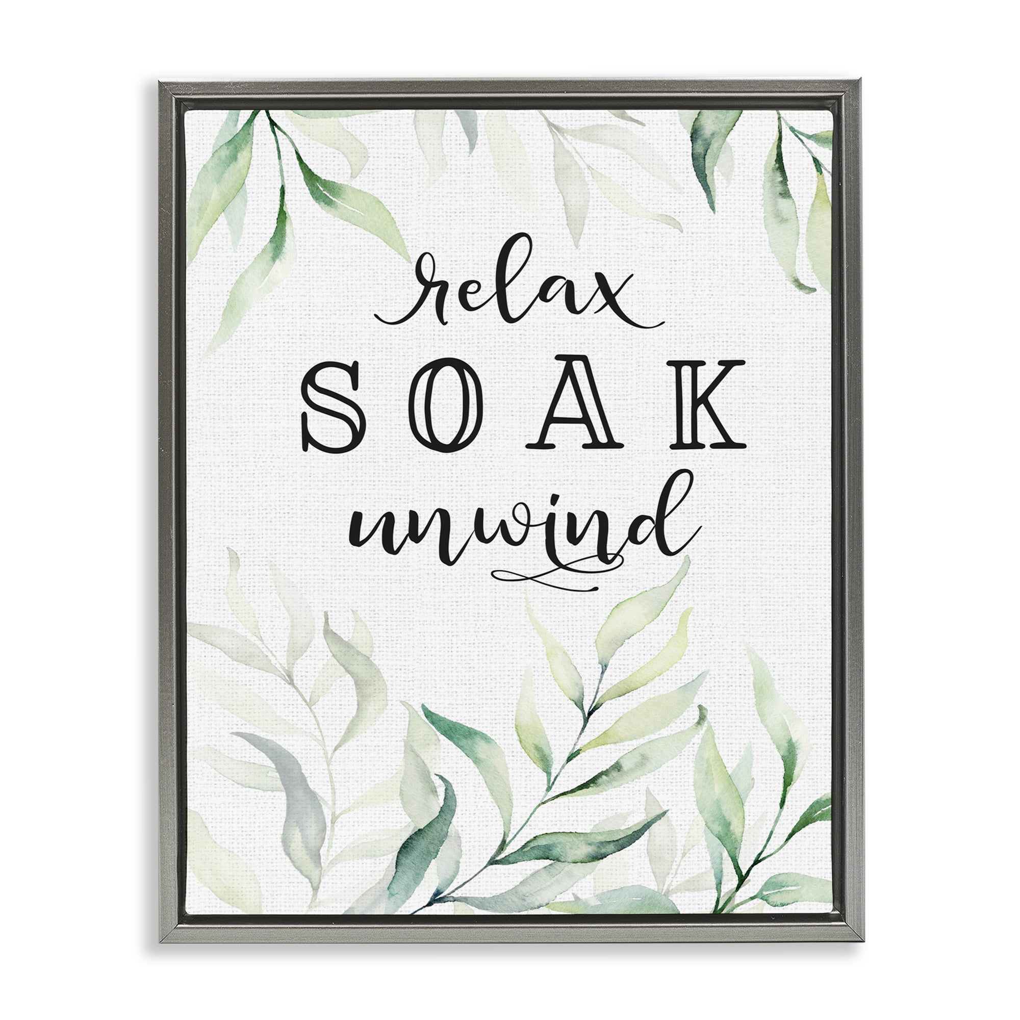 Soak & Unwind with Leaves Gray Framed Floater Canvas Wall Art, design by Lettered and Lined