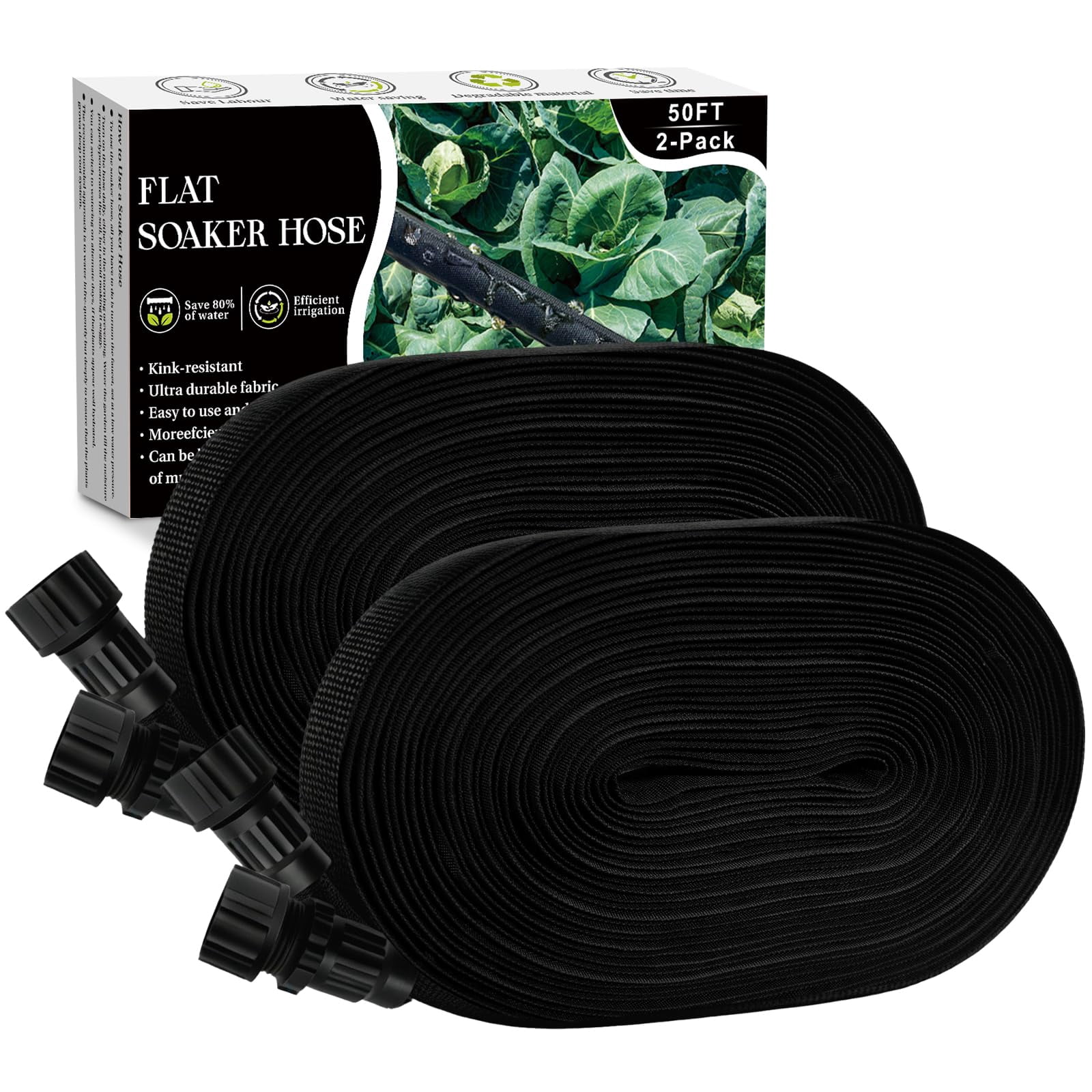 Soaker Hose 100FT, Thickened Flat Soaker Hoses For Garden 100 ft 2 pack, Drip Irrigation Hose Saves 80% Water, Leak-free Design Water Hose with Holes For Lawn, Flower Bed, Vegetable Field (50 FT x 2)