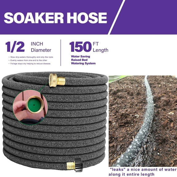 "Soaker Hose 150 FT,1/2 Inch Soaker Garden Hose with 3/4"" Solid Brass Connectors Save 80% Water Drip Irrigation Kit for Lawn/Yard Landscaping beds "
