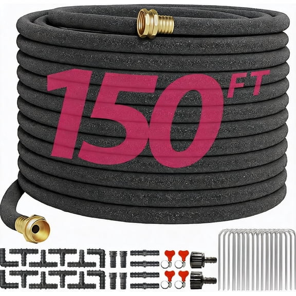 Soaker Hose 150 FT 1 2 Inch with Brass Connectors and Stakes for Deep Root Watering