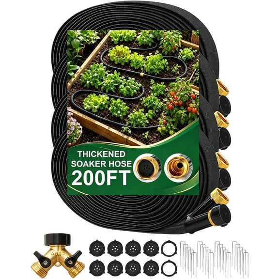 Soaker Hose 200FT for Garden, 80% Water-Saving Drip Hose with Brass Splitters, Gaskets & Metal Stakes, 1mm Thickened Weeping Hose for Vegetables, Flower & Raised Beds, Lawn, Shrubs