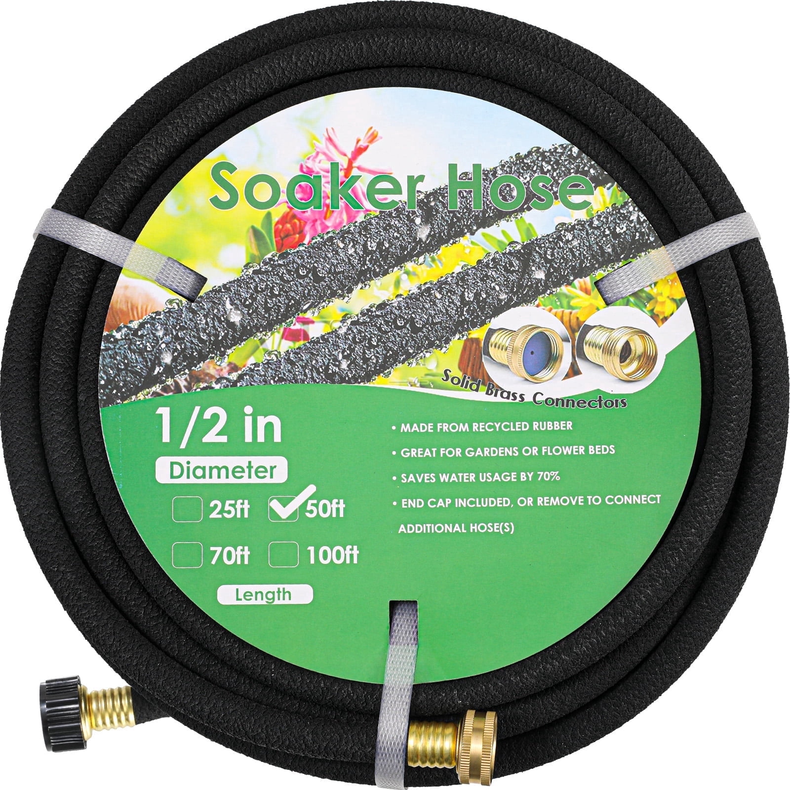 TLGREEN Soaker Hose 50 ft 1/2", Solid Brass Connectors, Heavy Duty Drip Hose to Save 70% Water, for Garden, Lawn and Yard