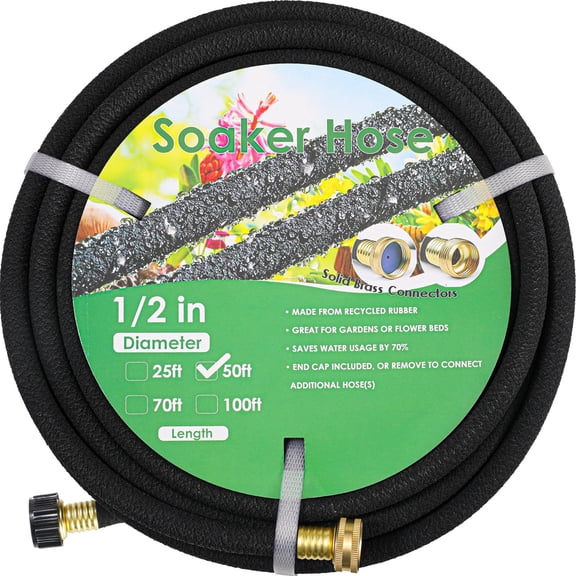 TLGREEN Soaker Hose 50 ft 1/2", Solid Brass Connectors, Heavy Duty Drip Hose to Save 70% Water, for Garden, Lawn and Yard