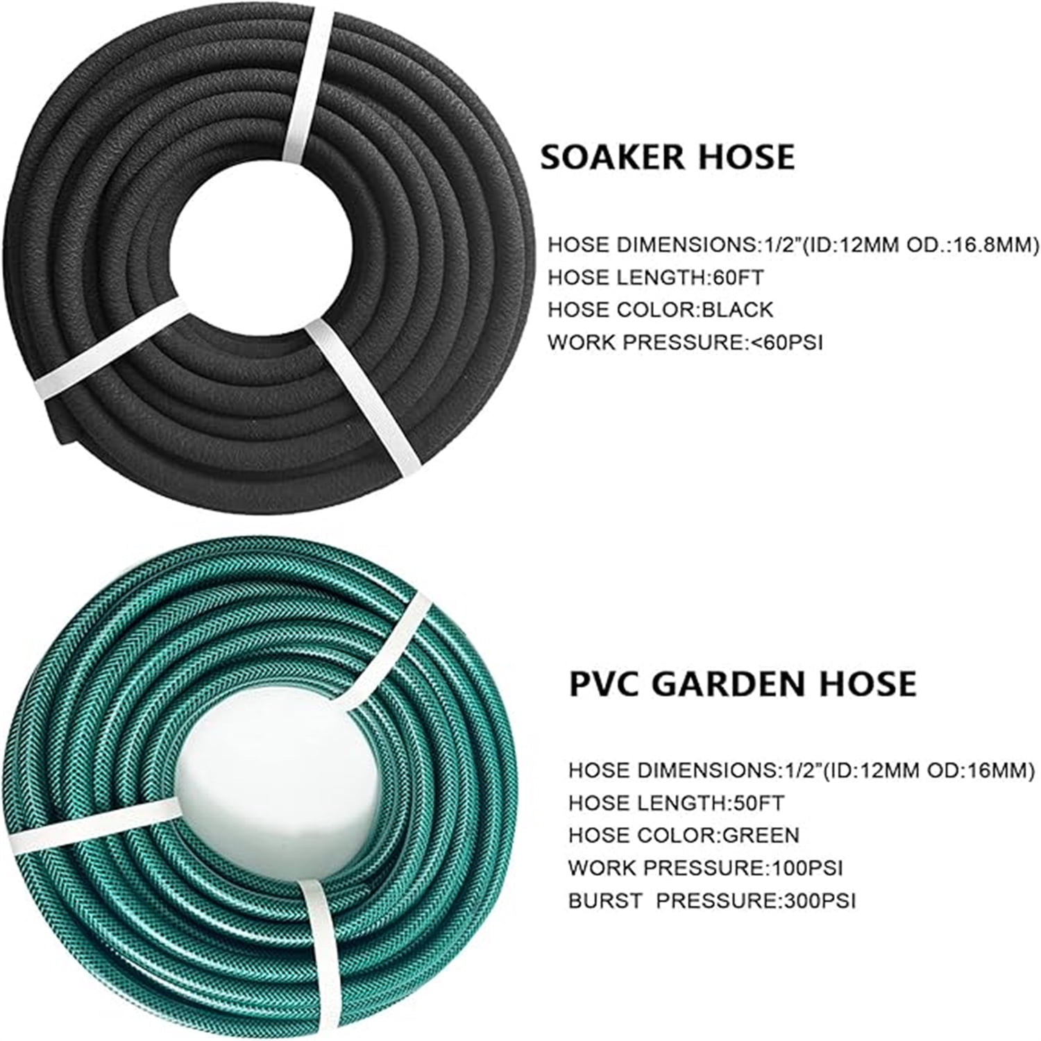 Soaker Hose for Garden 60ft,PVC Garden Hose 50ft, 1/2" Drip Hose Linkable Consistent Irrigation Hose Save 70% Water, Heavy Duty Round Soaker Hose for Garden Bed Foundation.(1/2-60ft+50ft)