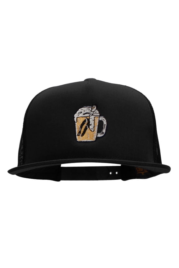 Soaking Beer Man Embroidered 5 Panel Mesh Trucker Snapback Cap - Black OSFM