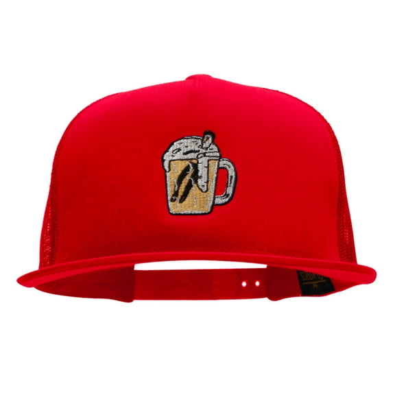 Soaking Beer Man Embroidered 5 Panel Mesh Trucker Snapback Cap - Red OSFM