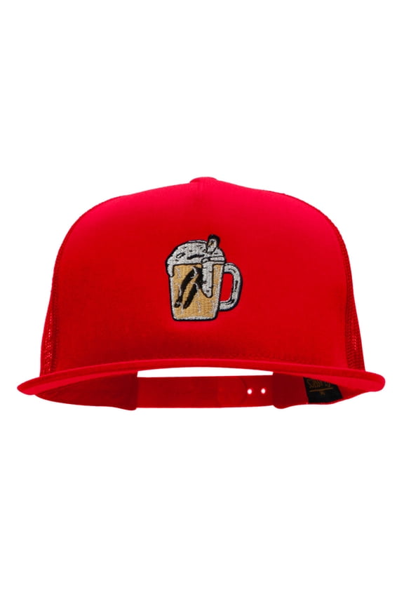 Soaking Beer Man Embroidered 5 Panel Mesh Trucker Snapback Cap - Red OSFM