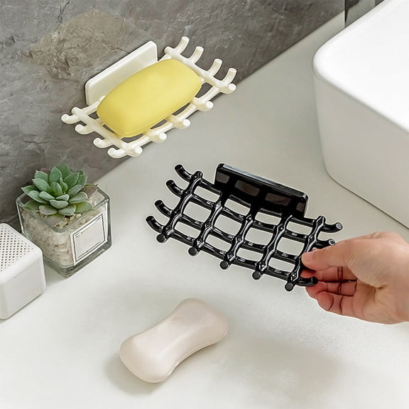 Soap Bar Holder Shower Rack Wall Mount | No-Drill Soap Dish with Drainage Tray, Hooks for Razor | Space-Saving Bathroom Sink Organizer | Plastic White Black – 15x9cm Durable