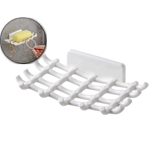 Soap Bar Holder for Shower Wall, Self Draining Soap Dish with Hooks, No Drilling, Bathtub Kitchen Sink Waterproof Adhesive Wall Mounted Dish