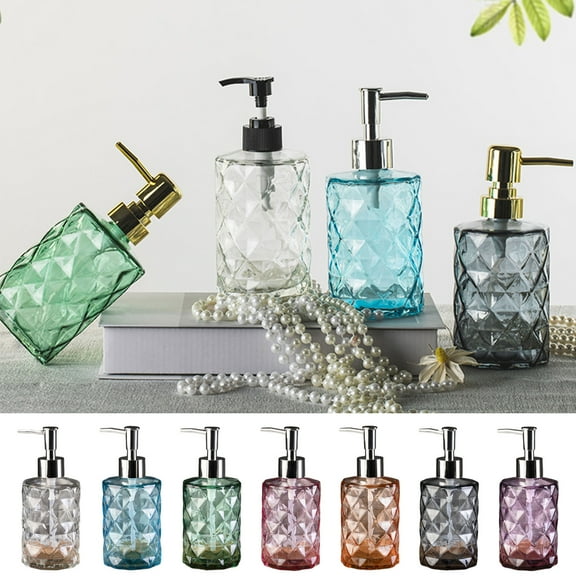 Soap Bottle Dispenser, Rhombus Textured Glass Pump Container for Hand Soap and Shampoo, Refillable Bathroom and Kitchen Organizer to Reduce Clutter, Topliu