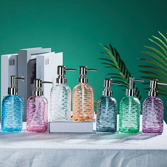 Soap Bottle Glass Dispenser, Wave Pattern Pressed Liquid Soap Dispenser with Hygienic Pump for Shower Gel or Hand Wash, Refillable Bathroom and Kitchen Organizer, Topliu