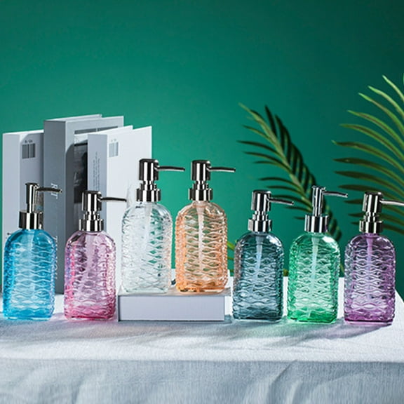 Soap Bottle Glass Dispenser, Wave Texture Pressed Glass Liquid Soap Dispenser with Pump for Bathroom or Kitchen, Refillable Hand Soap and Shampoo Container, Topliu