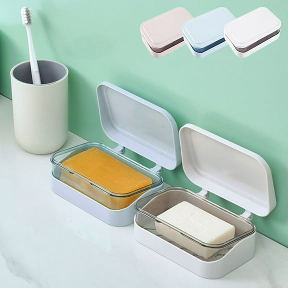 Soap Box Handwashing Room - Durable Extra-Thick Plastic Soap Container | Hollow Removable Drainage Design | Flip-Top Lid | Compact Size 13.2 x 8 x 5 cm | Beige Pink Light Blue | 1 Piece